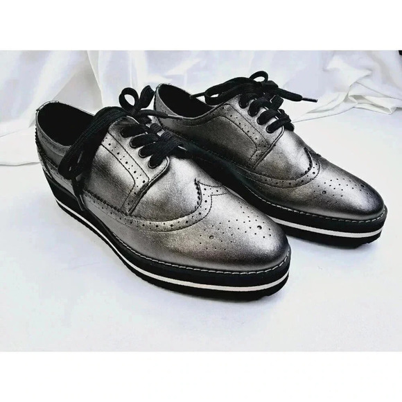 Zara Women's Size 40 (US 9.5-10) Charcoal Gray Wingtip Playform Lace Up Shoes - Picture 10 of 14